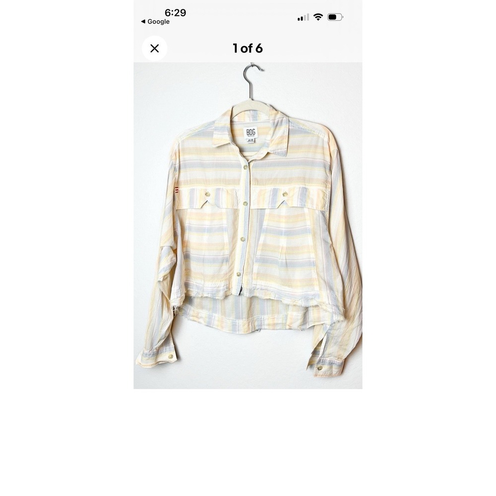 BDG Urban Outfitters Striped Cropped Boyfriend Frayed‎ Hem Button Down Size Med
